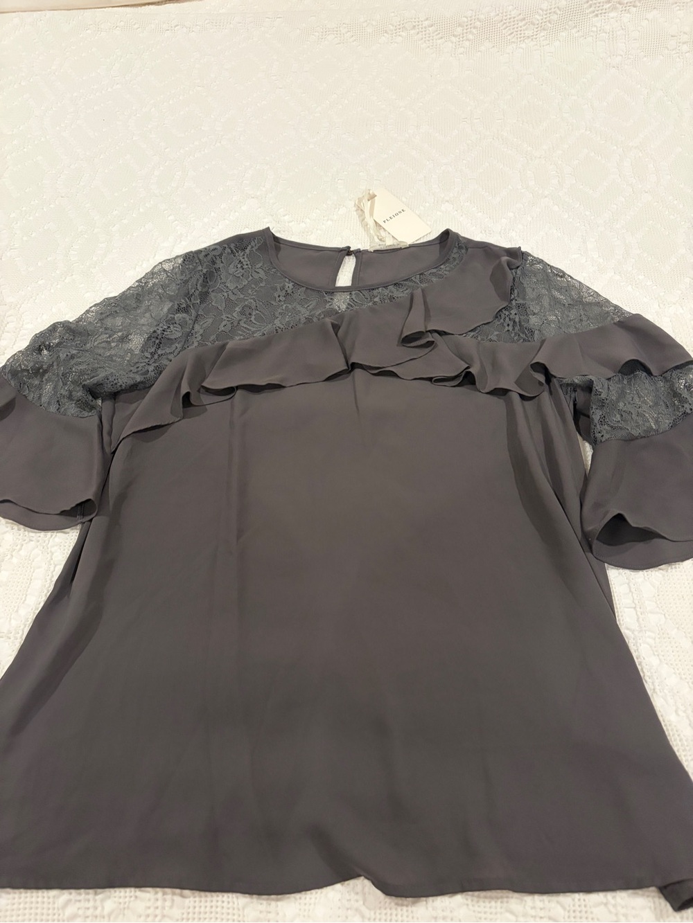 Pleione Gray Lace Ruffle Blouse